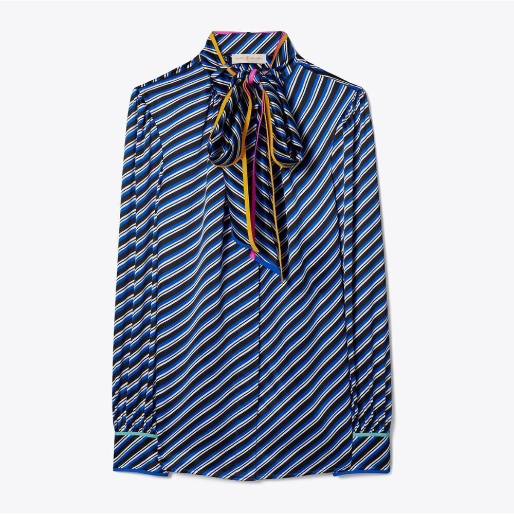 Tory Burch Blue and White Tie Front Long Sleeve Blouse - Picture 5 of 10